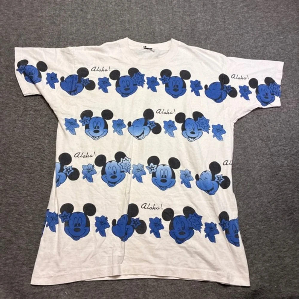 Vintage 60s Disney Mickey Mouse Shirt‎ Men XL White Aloha Floral Single Stitch